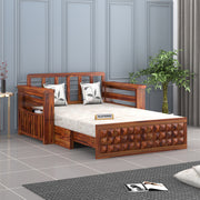 Diamond Sheesham Wood 2 Seater Sofa Bed With Storage Without Back (Honey Finish)