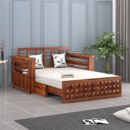 Diamond Sheesham Wood 2 Seater Sofa Bed With Storage Without Back (Honey Finish)