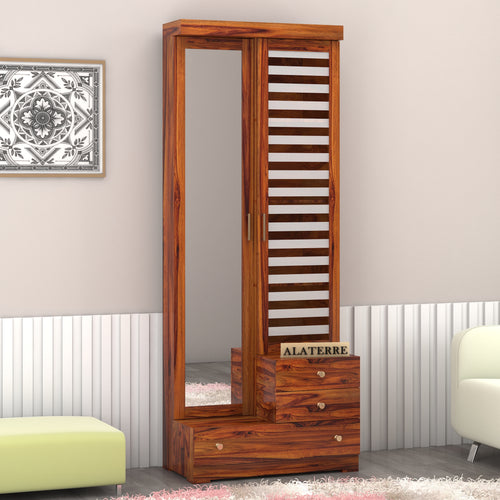 Calvoris Sheesham Wood Dressing Table with Mirror and Drawers (Honey Finish)