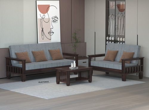 Ylthor 3+2 Seater Solid Wood Sofa (Walnut Finish)