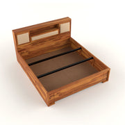 Melvior Sheesham Wood King Size Bed with Box Storage and Cushioned Detailing (Honey Finish)