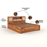 Melvior Sheesham Wood Queen Size Bed with Box Storage and Cushioned Detailing (Honey Finish)