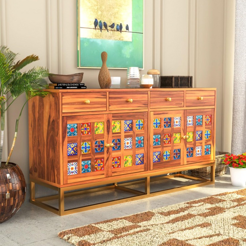Ulexis Sheesham Wood Cabinet and Sideboard (Honey Finish)