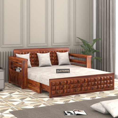 Diamond Sheesham Wood 3 Seater Sofa Bed With Storage (Honey Finish)
