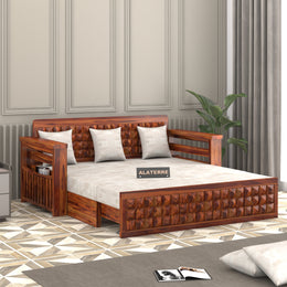 Diamond Sheesham Wood 3 Seater Sofa Bed With Storage (Honey Finish)