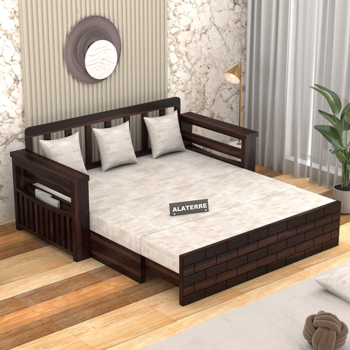 Elventhis Sheesham Wood 3 Seater Sofa Bed With Storage (Walnut Finish)