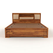 Melvior Sheesham Wood Queen Size Bed with Box Storage and Cushioned Detailing (Honey Finish)
