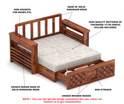 Fralvion Sheesham Wood 2 Seater Sofa Bed With Storage (Honey Finish)
