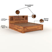 Melvior Sheesham Wood King Size Bed with Box Storage and Chip Detailing (Honey Finish)