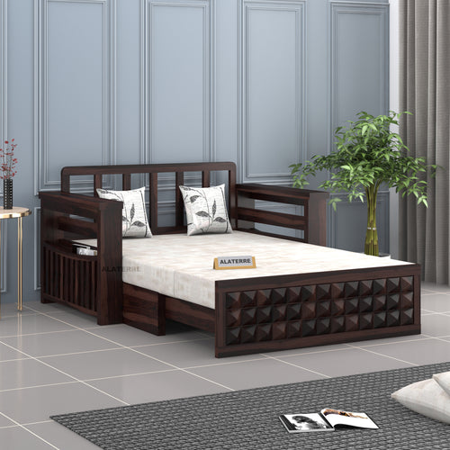 Diamond Sheesham Wood 2 Seater Sofa Bed With Storage Without Back (Walnut Finish)