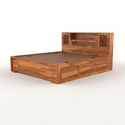 Melvior Sheesham Wood Queen Size Bed with Box Storage and Chip Detailing (Honey Finish)