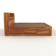 Melvior Sheesham Wood King Size Bed with Box Storage and Chip Detailing (Honey Finish)