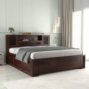Melvior Sheesham Wood Queen Size Bed with Box Storage and Chip Detailing (Walnut Finish)