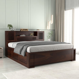 Melvior Sheesham Wood Queen Size Bed with Box Storage and Chip Detailing (Walnut Finish)
