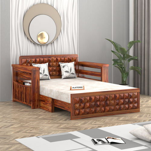 Diamond Sheesham Wood 2 Seater Sofa Bed With Storage (Honey Finish)