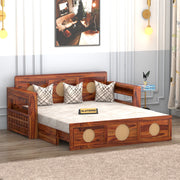 Hoventhos Sheesham Wood 3 Seater Sofa Bed With Storage (Honey Finish)