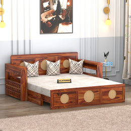 Hoventhos Sheesham Wood 3 Seater Sofa Bed With Storage (Honey Finish)