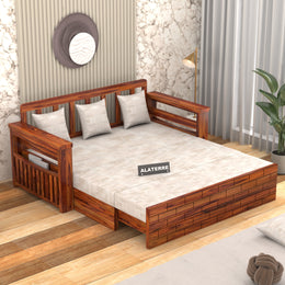 Elventhis Sheesham Wood 3 Seater Sofa Bed With Storage (Honey Finish)
