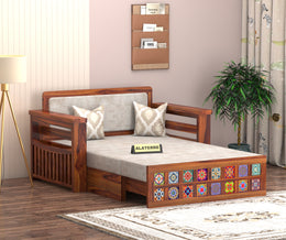 Gexorian Sheesham Wood 2 Seater Sofa Bed With Storage (Honey Finish)