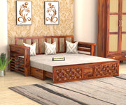 Fralvion Sheesham Wood 3 Seater Sofa Bed With Storage (Honey Finish)