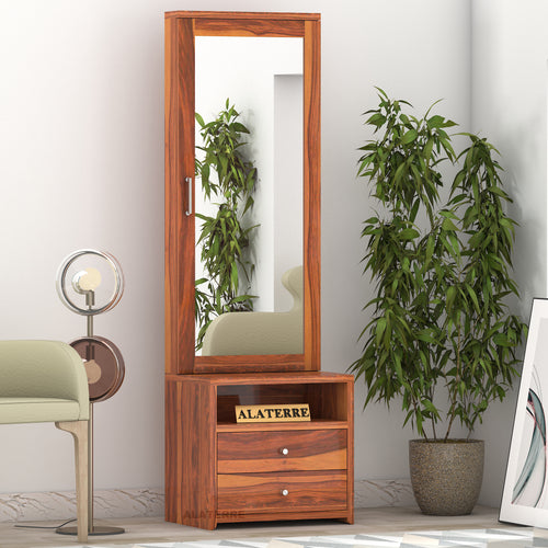 Brendral Sheesham Wood Dressing Table with Mirror and Drawers (Honey Finish)