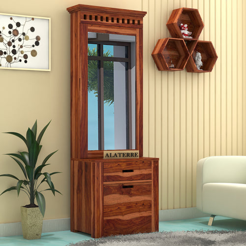 Ythorin Sheesham Wood Dressing Table with Mirror and Drawers (Honey Finish)