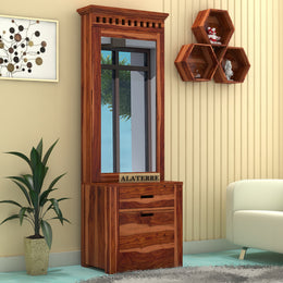 Ythorin Sheesham Wood Dressing Table with Mirror and Drawers (Honey Finish)