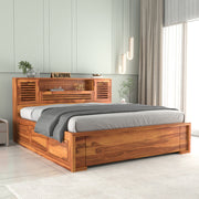Melvior Sheesham Wood King Size Bed with Box Storage and Chip Detailing (Honey Finish)