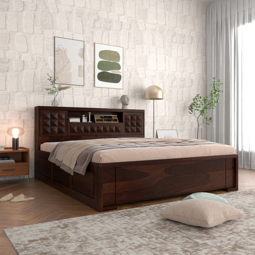 Melvior Sheesham Wood Queen Size Bed with Box Storage and Diamond Detailing (Walnut Finish)