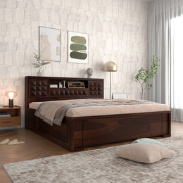 Melvior Sheesham Wood Queen Size Bed with Box Storage and Diamond Detailing (Walnut Finish)