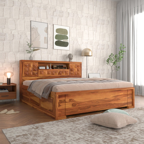 Melvior Sheesham Wood Queen Size Bed with Box Storage and Diamond Detailing (Honey Finish)
