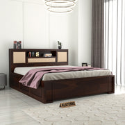 Melvior Sheesham Wood Queen Size Bed with Box Storage and Cushioned Detailing (Walnut Finish)