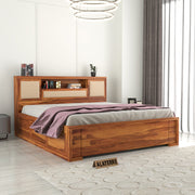 Melvior Sheesham Wood Queen Size Bed with Box Storage and Cushioned Detailing (Honey Finish)