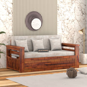 Elventhis Sheesham Wood 3 Seater Sofa Bed With Storage (Honey Finish)