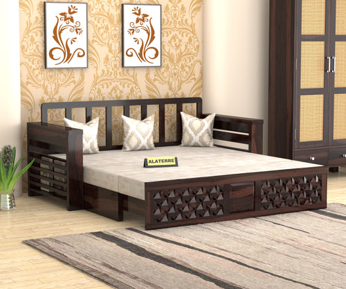 Fralvion Sheesham Wood 3 Seater Sofa Bed With Storage (Walnut Finish)