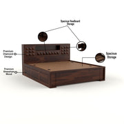 Melvior Sheesham Wood Queen Size Bed with Box Storage and Diamond Detailing (Walnut Finish)