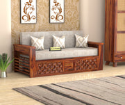Fralvion Sheesham Wood 3 Seater Sofa Bed With Storage (Honey Finish)