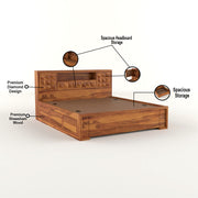 Melvior Sheesham Wood King Size Bed with Box Storage and Diamond Detailing (Honey Finish)