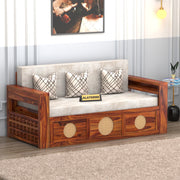 Hoventhos Sheesham Wood 3 Seater Sofa Bed With Storage (Honey Finish)