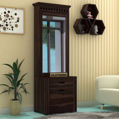 Ythorin Sheesham Wood Dressing Table with Mirror and Drawers (Walnut Finish)