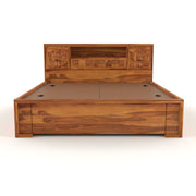 Melvior Sheesham Wood King Size Bed with Box Storage and Diamond Detailing (Honey Finish)