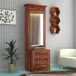 Alvethis Sheesham Wood Dressing Table with Mirror and Drawers (Honey Finish)