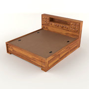 Melvior Sheesham Wood Queen Size Bed with Box Storage and Diamond Detailing (Honey Finish)