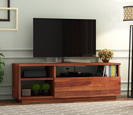 Brethor Sheesham Wood Tv Unit with Shelf Storage (Honey Finish)