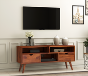 Alstorn Sheesham Wood Tv Unit with Two Pull Out Drawers and Shelves (Honey Finish)