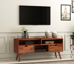 Alstorn Sheesham Wood Tv Unit with Two Pull Out Drawers and Shelves (Honey Finish)