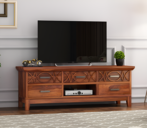 Drevan Sheesham Wood Tv Unit with Five Pull Out Drawers (Honey Finish)