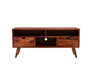 Alstorn Sheesham Wood Tv Unit with Two Pull Out Drawers and Shelves (Honey Finish)