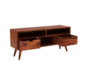 Alstorn Sheesham Wood Tv Unit with Two Pull Out Drawers and Shelves (Honey Finish)