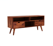 Alstorn Sheesham Wood Tv Unit with Two Pull Out Drawers and Shelves (Honey Finish)